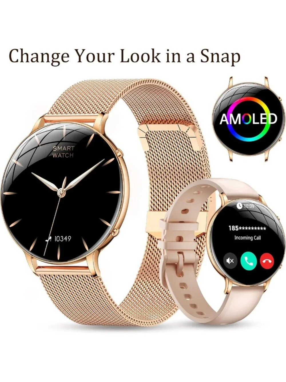 Lightweight Rose Gold Smartwatch for Women - 1.32” AMOLED, IP68 Waterproof